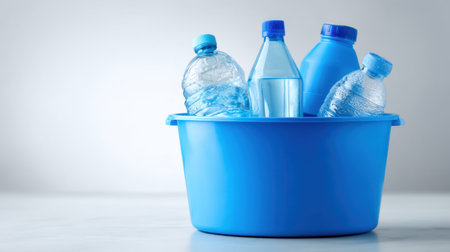 A collection of plastic bottles and containers sits in a blue basin, symbolizing the importance of recycling and sustainable waste management practices for a healthier planet.の素材