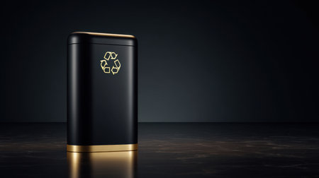This stylish black waste bin with golden accents features a recycling symbol, embodying modernity and sustainability for sleek and eco-conscious living spaces.の素材