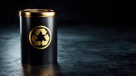 Stylish black container with a gold lid and a prominent recycling symbol, ideal for creative projects emphasizing sustainability and eco-conscious design.の素材