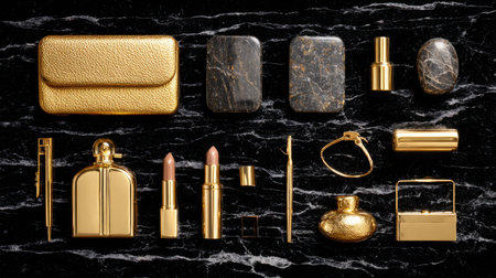 A stunning arrangement of golden beauty items and accessories displayed on a sleek black marble background, perfect for conveying luxury and elegance in fashion themes.の素材