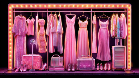 A stunning collection of pink clothing and accessories displayed in a stylish boutique setting, illuminated by vibrant neon lights, showcasing elegance and fashion choices.の素材