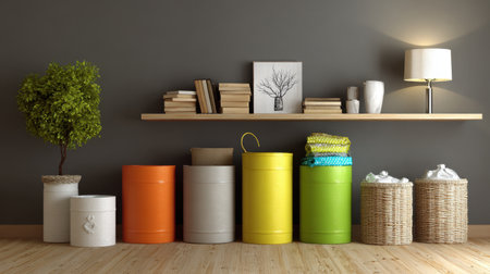 Stylish home interior featuring a modern shelf with colorful bins, artistic decor, and cozy lighting. Perfect for showcasing organization and creative design elements.の素材
