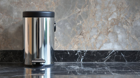 A shiny stainless steel trash bin placed on a polished marble countertop, creating a sophisticated and tidy look for kitchen or bathroom environments.の素材