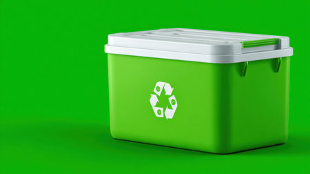 A vibrant green recycling bin with a lid and a recycling logo, symbolizing eco-friendly practices, waste management concepts, and sustainability efforts in modern society.の素材