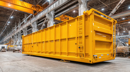 A large bright yellow industrial container stands prominently in a spacious warehouse, showcasing modern design and efficient storage solutions in an active manufacturing environment.の素材