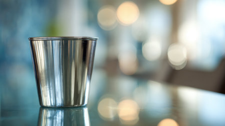 A sleek stainless steel cup sits gracefully on a glass table, with a beautifully blurred background showcasing soft bokeh lights, creating a sophisticated and cozy atmosphere.の素材