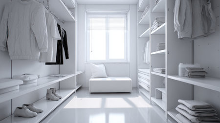 This image showcases a spacious walk-in closet featuring minimalistic design elements, neat shelving, and a cozy seating area, accentuated by soft natural lighting.の素材