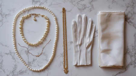 A stunning flat lay featuring vintage jewelry pieces, including pearl necklaces, elegant gloves, and soft silk, perfect for fashion lovers and timeless accessory enthusiasts.の素材