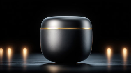 A sleek black container with a gold line against a dark backdrop, perfect for showcasing luxury items or gourmet products with a modern touch.の素材