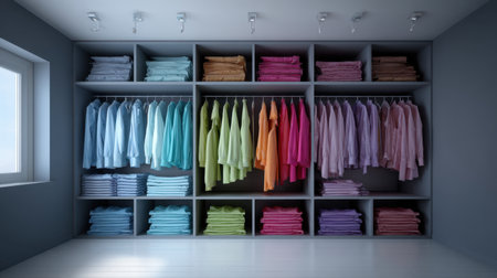 A bright and modern closet space featuring neatly arranged colorful clothing on shelves and hangers, showcasing an organized and stylish approach to wardrobe management.の素材