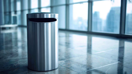 A sleek stainless steel trash can situated in a modern office space, featuring large windows that provide a view of a city skyline, showcasing contemporary design and cleanliness.の素材