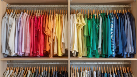 A well-organized closet displaying an array of colorful shirts on hangers, creating a visually appealing and coordinated fashion display for any stylish wardrobe.の素材