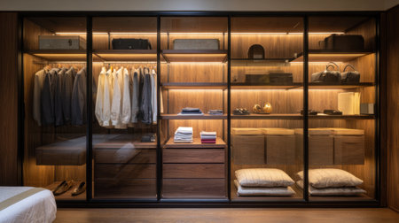A sophisticated wardrobe showcases an organized arrangement of clothing and accessories, enhanced by warm lighting and a sleek wooden design, perfect for modern interiors.の素材