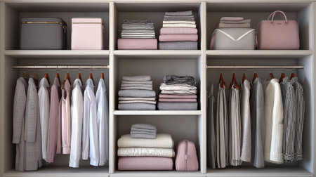 A beautifully organized closet featuring neatly arranged clothing and accessories in pink and gray tones, showcasing modern interior design and efficient home organization ideas.の素材