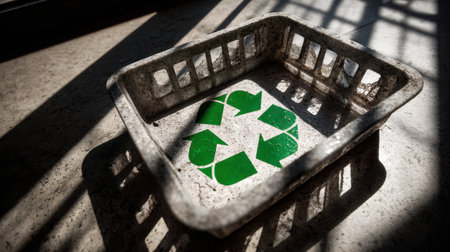 A weathered recycling bin sits on a countertop, featuring a vibrant green recycling symbol. Natural light highlights the surface, emphasizing the importance of sustainable waste practices.の素材
