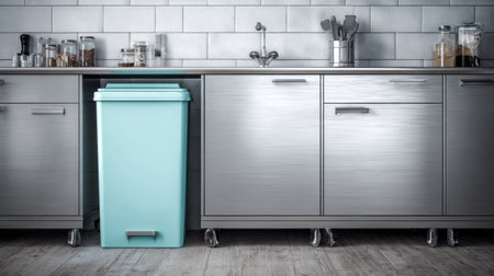 A sleek kitchen showcasing a light blue trash bin next to stainless steel cabinets, featuring a clean design that emphasizes organization and modern living aesthetics.の素材