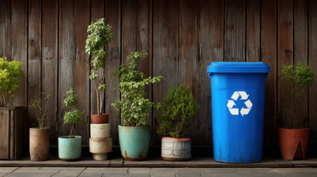A vibrant blue recycling bin is featured against a wooden backdrop, surrounded by lush plants in pots, highlighting the importance of recycling and eco-conscious living in urban areas.の素材