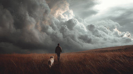 A serene moment of a man walking with a dog through a field, surrounded by tall grass, under an ominous sky filled with dramatic storm clouds. A perfect nature scene.の素材