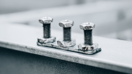 This close-up image features rusty metal bolts and nuts arranged neatly on a steel surface, highlighting the textures and details of industrial fasteners. Perfect for engineering themes.の素材
