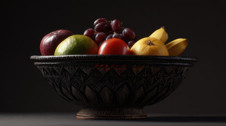 A stunning display of assorted fruits in a woven basket, highlighting natural colors and textures, perfect for health-conscious lifestyles and artistic food presentations.の素材