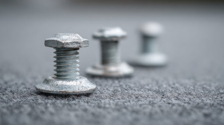 This image features three metal bolts with threads, showcasing their industrial design against a soft gray textile background, perfect for engineering and hardware themes.の素材