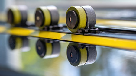 Detailed close-up of industrial roller wheels on a metal track, featuring vibrant yellow safety stripes, showcasing precision engineering and reflections in a contemporary workshop setting.の素材