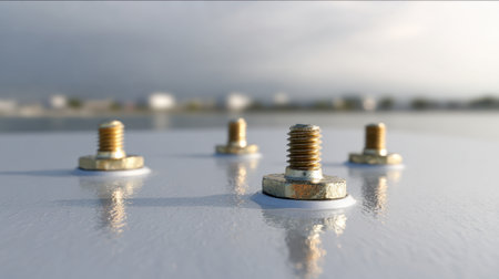 Close-up view of metallic bolts and nuts on a smooth surface, showcasing details of industrial hardware with a soft focus background under natural light.の素材