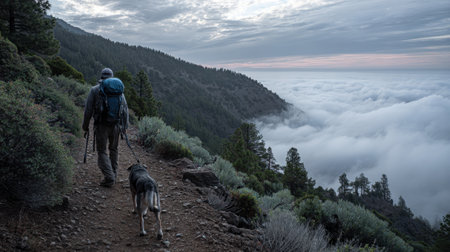 A peaceful scene of a person hiking with a dog on a misty mountain trail, surrounded by lush greenery and low-lying clouds, evoking a sense of tranquility and adventure.の素材