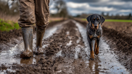 A person in rubber boots walks along a muddy path with a dog, showcasing a bond between humans and animals in a picturesque outdoor setting.の素材