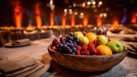 Beautiful assortment of fresh fruits in a rustic bowl, showcasing vibrant colors in a sophisticated banquet setting illuminated by warm ambient lights, ideal for catering or event planning.の素材