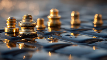 This captivating close-up captures various brass fasteners glimmering on a wet surface, emphasizing intricate textures and dazzling reflections in an artistic composition.の素材