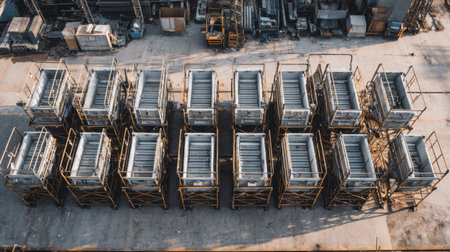 This aerial image captures numerous stacked industrial metal containers organized neatly on a construction site, surrounded by essential equipment and materials for efficient operations.の素材
