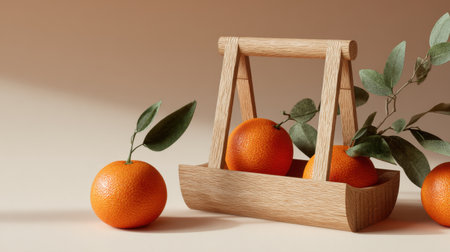A charming arrangement of fresh oranges in a wooden basket, complemented by delicate greenery, creating a fresh and vibrant atmosphere suitable for various design projects.の素材