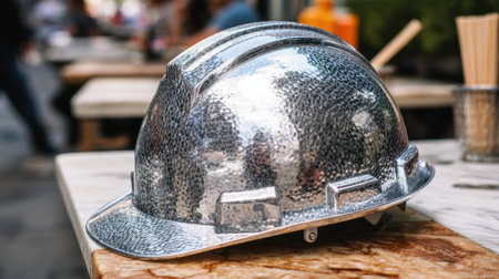 A gleaming metallic safety helmet rests against a marble table, capturing reflections and infusing a dynamic element into a casual outdoor setting, symbolizing construction and safety.の素材