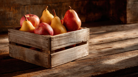 A beautiful arrangement of fresh pears in a rustic wooden crate on a wooden table. This photo captures the natural beauty and vibrant colors, perfect for culinary or home decor inspiration.の素材