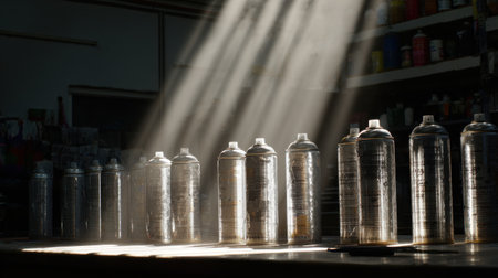 Dramatic sunlight cascades through a workshop, highlighting metallic spray paint cans arranged on a countertop, creating an inspiring atmosphere for artists and creators to work.の素材