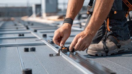 A dedicated construction worker carefully installs solar panels on a roof, showcasing the commitment to sustainable energy practices and modern architectural design.の素材