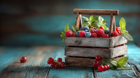 A beautiful arrangement of fresh berries in a rustic basket with mint leaves, showcasing vibrant colors and evoking themes of healthy eating and seasonal enjoyment.の素材
