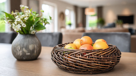 A welcoming dining scene featuring a woven basket with oranges and lemons, paired with floral accents, highlighting a bright, contemporary interior design.の素材