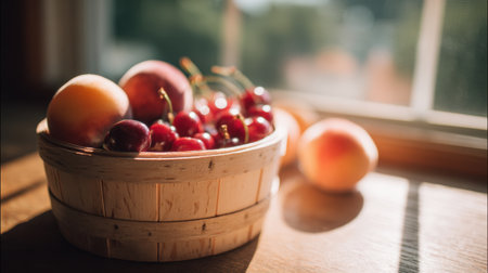 A beautiful arrangement of red cherries and yellow peaches in a wooden basket, illuminated by gentle sunlight streaming through a window, creating a cozy and inviting atmosphere.の素材