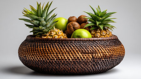 This image showcases a beautifully arranged basket of fresh fruits including pineapples, apples, and nuts, ideal for promoting healthy eating or kitchen decor.の素材