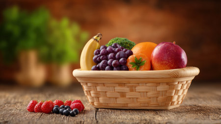 A beautiful basket filled with a variety of fresh fruits, perfect for showcasing healthy eating. Ideal for food blogs, menu designs, or wellness promotions.の素材
