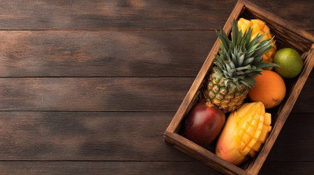 A vibrant array of tropical fruits neatly arranged in a rustic wooden box, set against a dark wooden background, perfect for healthy lifestyle visuals and culinary inspiration.の素材