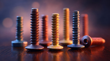 This image features an arrangement of various screws on a wooden surface, showcasing different textures and colors under a soft glow, ideal for hardware and DIY themes.の素材