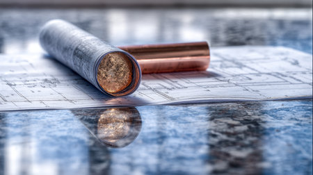 A rolled blueprint paired with a copper tube rests on a polished granite surface, showcasing a reflective quality that highlights a creative atmosphere ideal for architectural and design projects.の素材