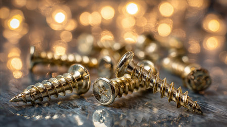 This close-up image features shiny gold screws on a wooden surface, surrounded by a dreamy bokeh effect created by blurred lights. Ideal for construction and DIY themes.の素材