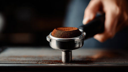A skilled barista prepares espresso by tamping coffee grounds in a portafilter, showcasing a moment of precision and dedication to crafting the perfect cup of coffee.の素材