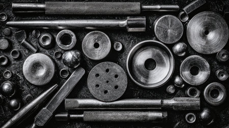 A captivating overhead view of an assortment of metallic tools and fasteners set on a dark, textured surface, perfect for showcasing industrial designs or artistic projects.の素材