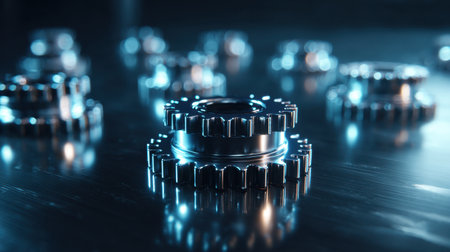 A close-up view of shiny metallic gears arranged on a dark surface, showcasing a modern and high-tech aesthetic perfect for industrial or engineering related visuals.の素材