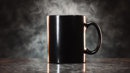 A sleek black mug with steam rising, set against a muted background, capturing the essence of warmth and comfort, perfect for beverage enthusiasts and cozy moments.の素材